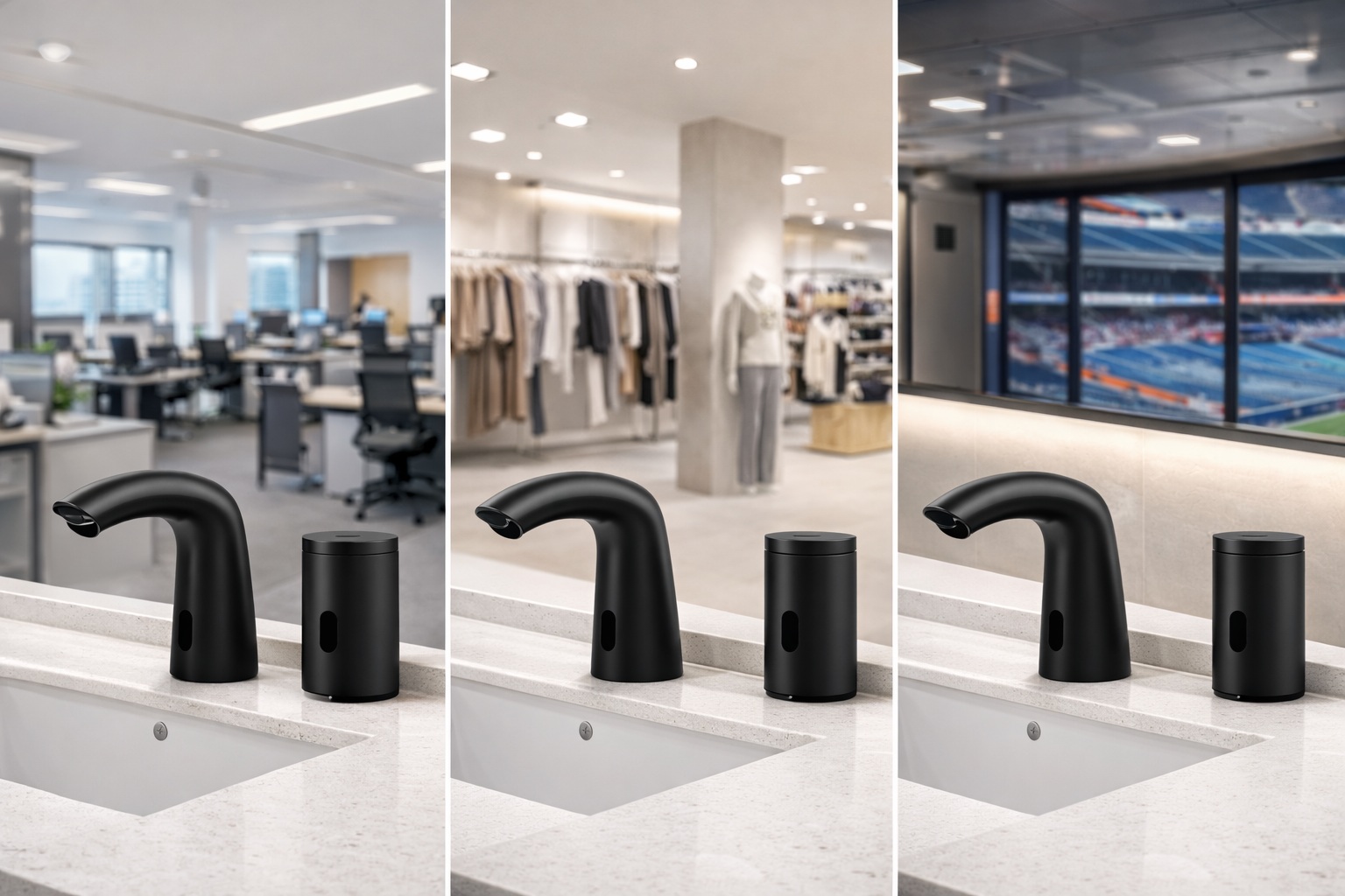 Matte black touchless faucet category reference for commercial restrooms